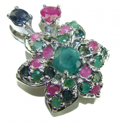 Authentic 10.5 carat Ruby Emerald Sapphire .925 Sterling Silver handcrafted Pendant