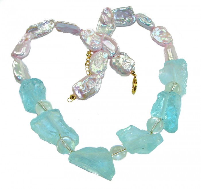 Sky and Ocean authentic rough Aquamarine Mother of Pearl 10k Gold over .925 Sterling Silver handcrafted STATEMENT Necklace