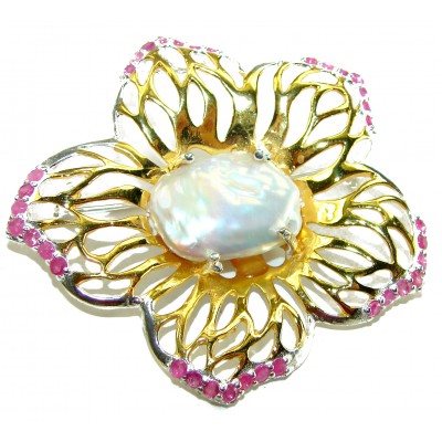 Large Genuine Mother of Pearl Ruby 14K Gold .925 Sterling Silver handmade Pendant Brooch