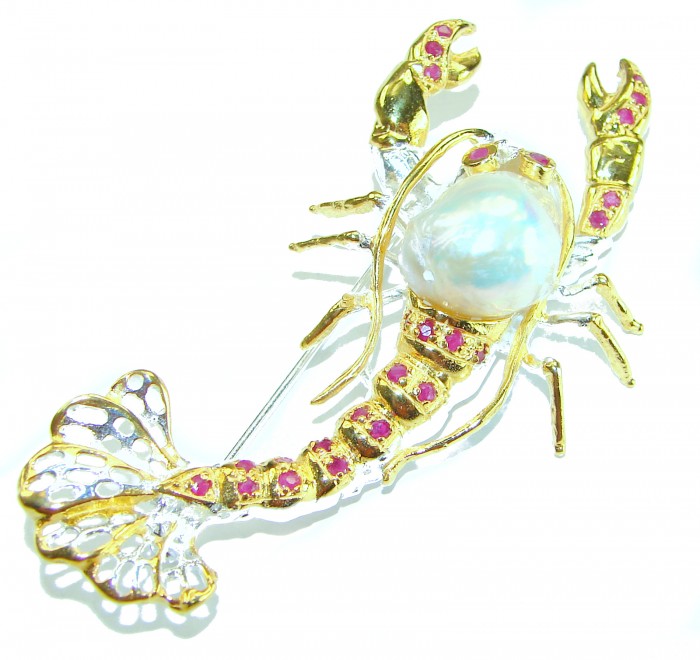 Precious Crayfish Natural Mother of Pearl Ruby 18K Gold over .925 Sterling Silver handmade Pendant Brooch