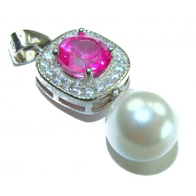 A Spark of Sweetness 2.8 carat Hot Pink Sapphire Pearl .925 Sterling Silver handcrafted Pendant