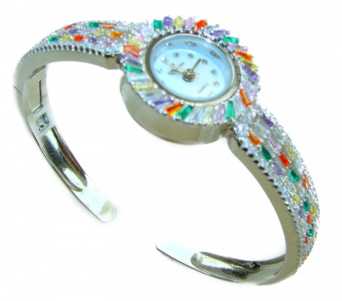 Precious Authentic 33.2 carat multicolor Sapphire .925 Sterling Silver handmade Bracelet Watch