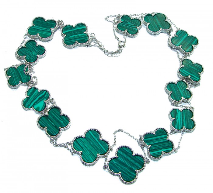 44 inches Outstanding authentic inlay Malachite Lucky Four Leaf Clover .925 Sterling Silver necklace
