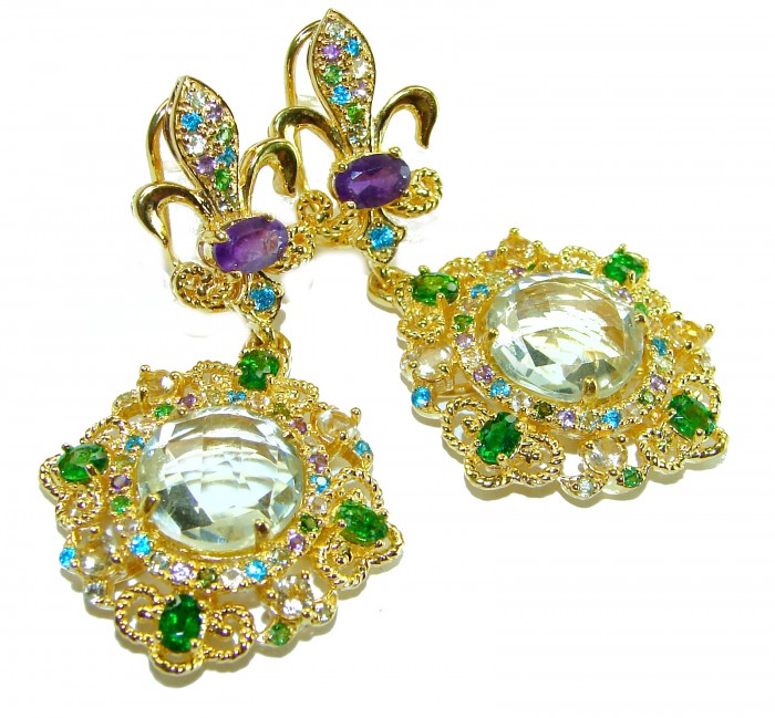 Celtic Spirit authentic fancy cut 22.5 carat Green Amethyst 18K Gold over .925 Sterling Silver handcrafted Statement earrings