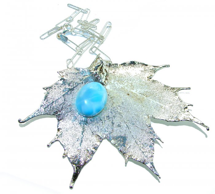 Beautiful Nature 8.2 carat Larimar Real Leaf dipped in Real .925 Sterling silver handcrafted necklace - video
