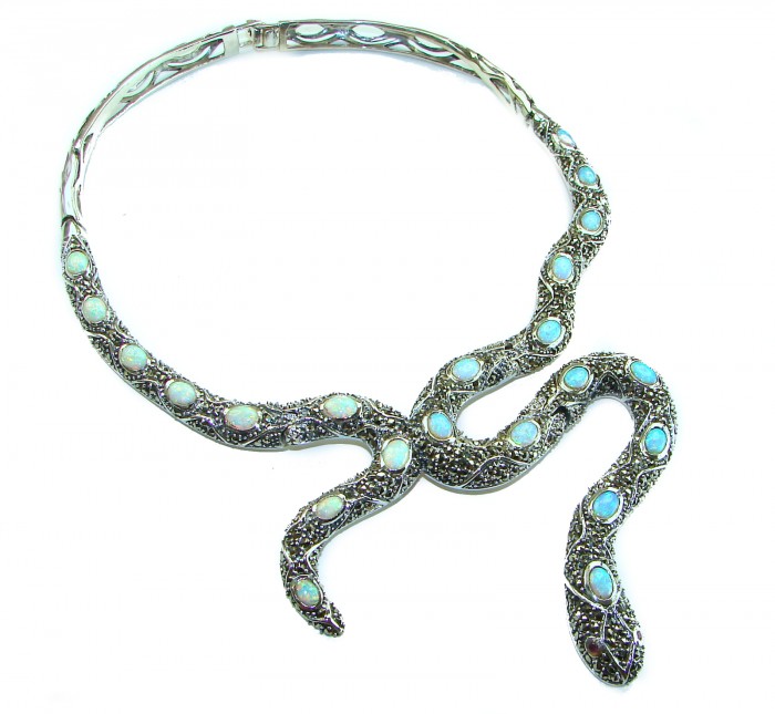 Large Snake genuine 57.8 carat Australian Blue Opal Marcasite .925 Sterling Silver handcrafted necklace