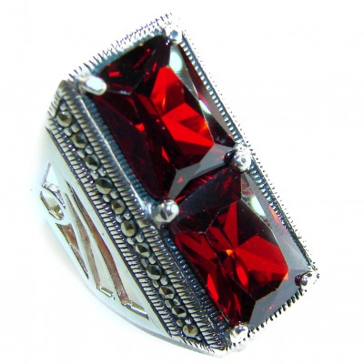 Bella Rosa Natural 28.4 carat Ruby Marcasite .925 Sterling Silver handmade Large Statement Ring size 7 1/2