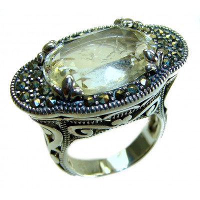 Rare Finding! Natural 18.4 carat Lemon Quartz Marcasite .925 Sterling Silver handmade Large Statement Ring size 7