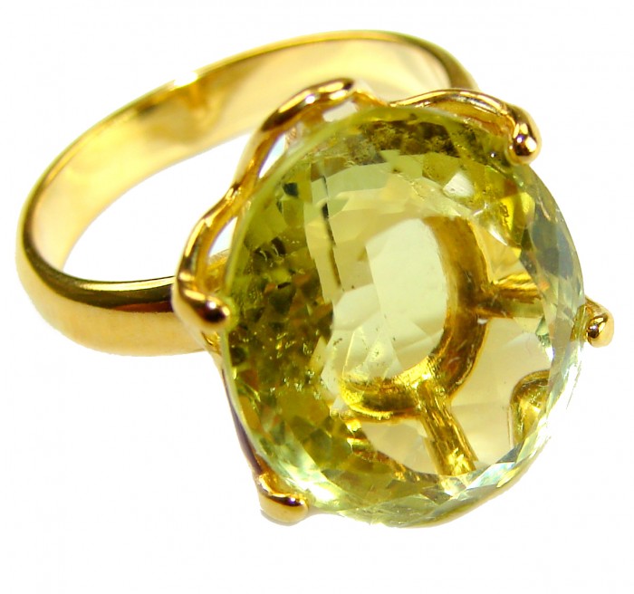 Solid 11.8 carat Genuine Lemon Quartz 14K Gold over .925 Sterling Silver handcrafted ring size 6