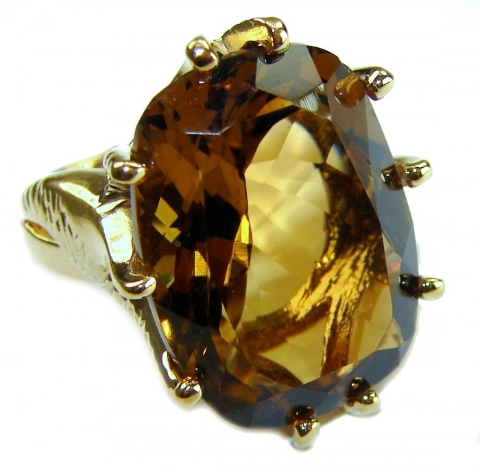 Celestial peace 14.5 carat Champagne Smoky Topaz 14K Gold over .925 Sterling Silver HUGE Ring size 7