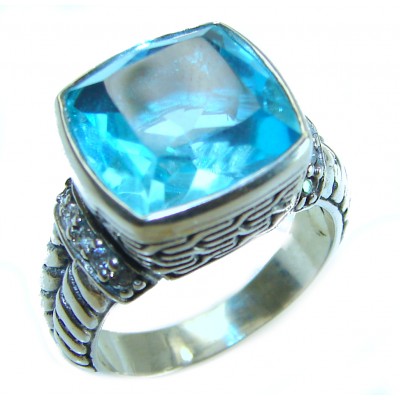 Seaside 15.5 carat authentic Swiss Blue Topaz .925 Sterling Silver handmade Statement Ring size 7 1/4