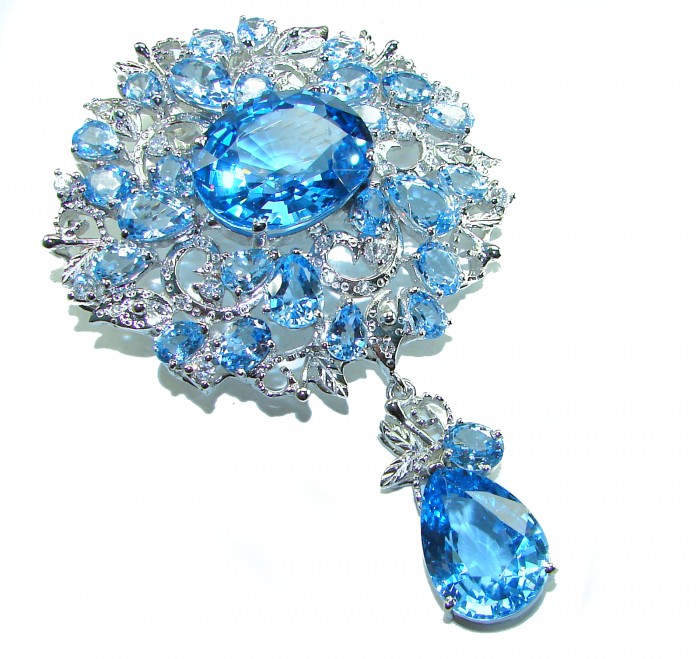 An exuberantly Large 64.9 grams Vintage style Swiss Blue Topaz .925 Sterling Silver handmade LARGE Pendant - Brooch