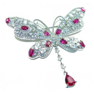 Vintage Design - Red Butterfly - Genuine 10.2 carat Ruby 14k White Gold over .925 Sterling Silver handmade Pendant Brooch