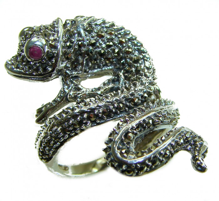 Lizard Natural Marcasite Ruby .925 Statement Sterling Silver ring size 7