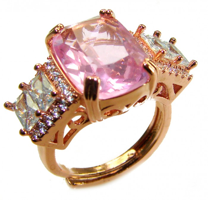 Art Deco 8.5 carat baguette cut Kunzite two tones 14K Gold .925 Sterling Silver handcrafted ring; s. 7 adjustable