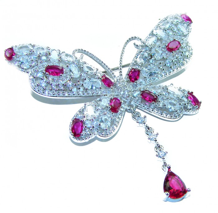 Vintage Design - Red Butterfly - Genuine 10.2 carat Ruby 14k White Gold over .925 Sterling Silver handmade Pendant Brooch