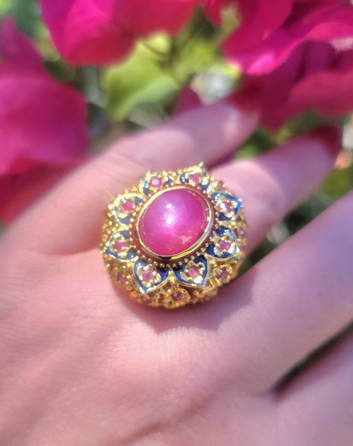 Divine Creation 10.5 carat Mozambique Star Ruby Enamel 18K Gold over .925 Sterling Silver Huge handcrafted Ring s. 7 3/4
