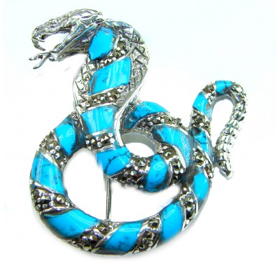 Cobra Snake inlay Turquoise .925 Sterling Silver handcrafted Brooch