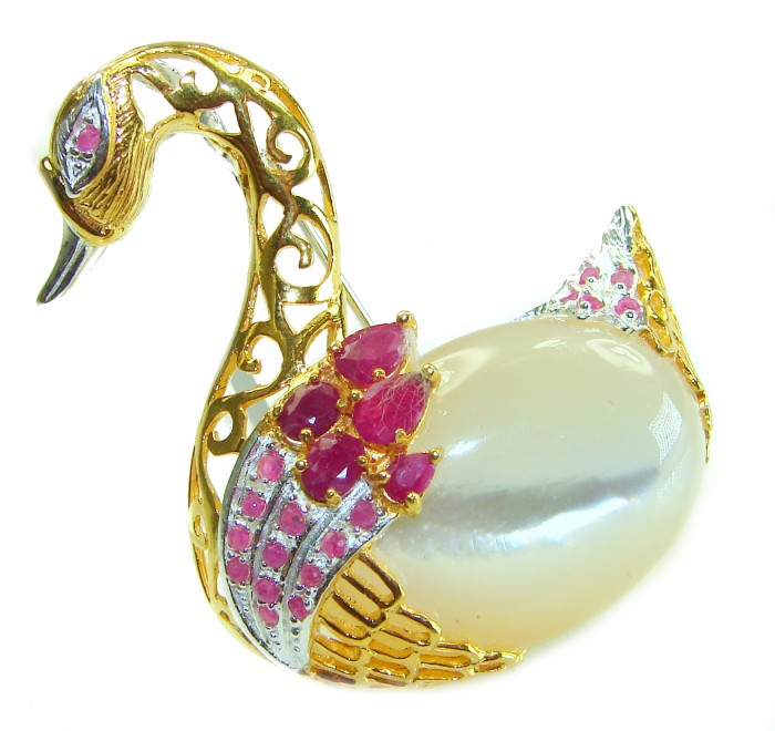 Perfect Swan Blister Pearl Ruby 18K Gold over .925 Sterling Silver handmade Pendant Brooch