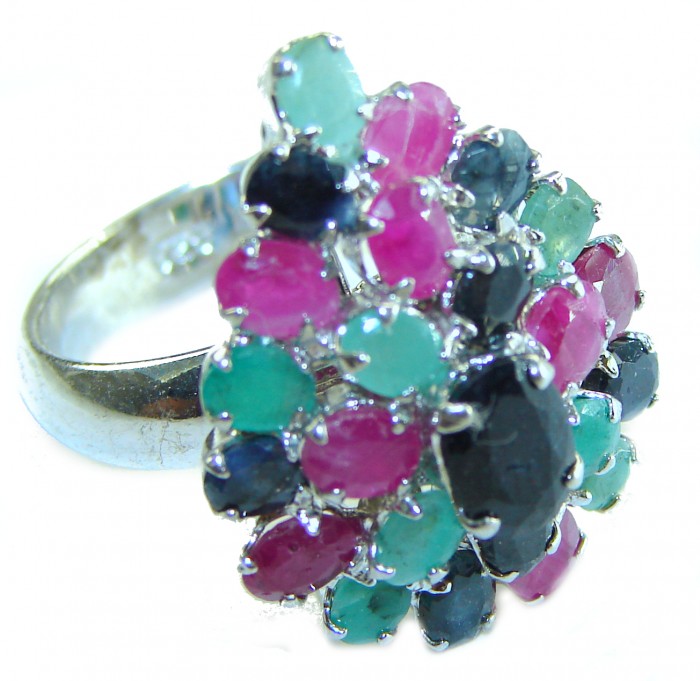 Precious 12.9 CARAT Ruby Sapphire Emerald .925 Sterling Silver Statement HUGE Ring s. 8