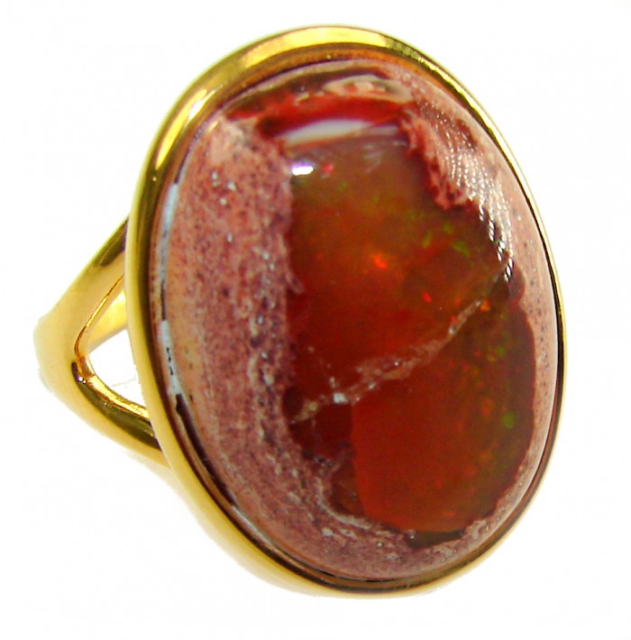 Orange Galaxy best quality 19.4 carat Mexican Opal 18K Gold over .925 Sterling Silver handmade ring 8 1/4