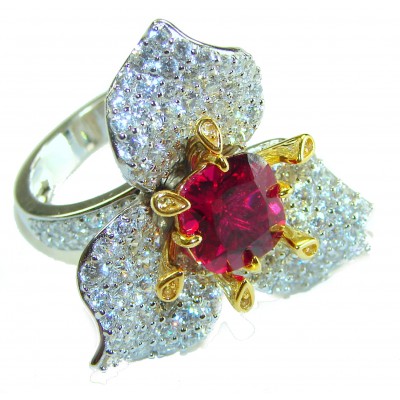 Spectacular Authentic 4.3 carat Ruby 2 tones .925 Sterling Silver handmade Cocktail Ring s. 7