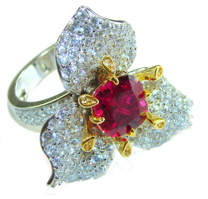 Spectacular Authentic 4.3 carat Ruby 2 tones .925 Sterling Silver handmade Cocktail Ring s. 7 - video