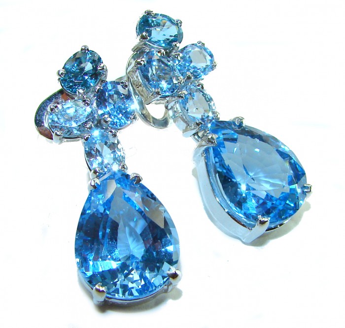 Blue Odyssey 29.5 carat authentic Swiss Blue Topaz .925 Sterling Silver handmade Statement earrings