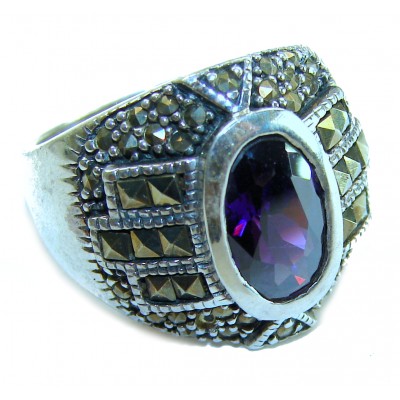 7.5 carat Amethyst Marcasite .925 Sterling Silver Handcrafted Huge Ring size 7