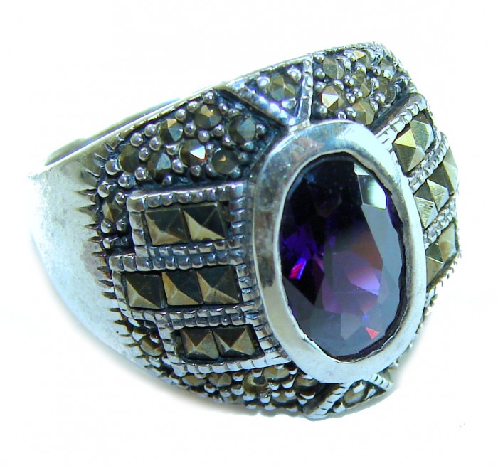 7.5 carat Amethyst Marcasite .925 Sterling Silver Handcrafted Huge Ring size 7