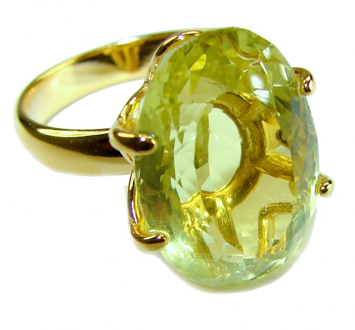 Solid 14.8 carat Genuine Lemon Quartz 14K Gold over .925 Sterling Silver handcrafted ring size 7