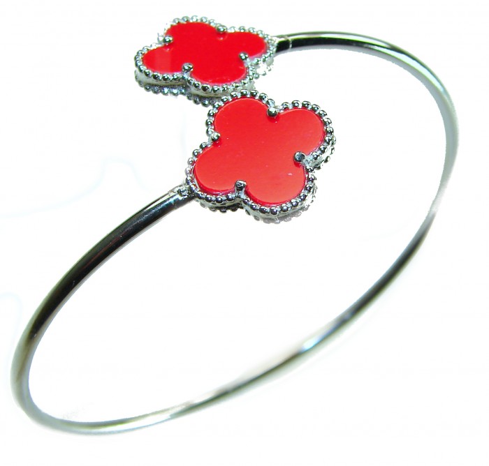 A Red four-leaf clover Coral .925 Sterling Silver handcrafted Bracelet