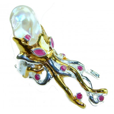 Massive Golden Mother of Pearl Octopus with Ruby eyes 18K Gold over .925 Sterling Silver handcrafted ring s. 6