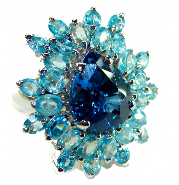 Caribbean Treasure 45.5 carat Swiss Blue Topaz .925 Sterling Silver handmade Large Statement Ring size 7