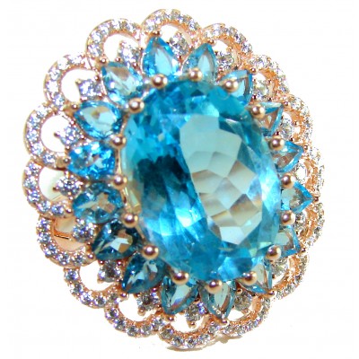 Endless Ocean Natural 14.4 carat Swiss Blue Topaz .925 Sterling Silver dipped in 18K Gold handmade Large Statement Ring size 7 1/4