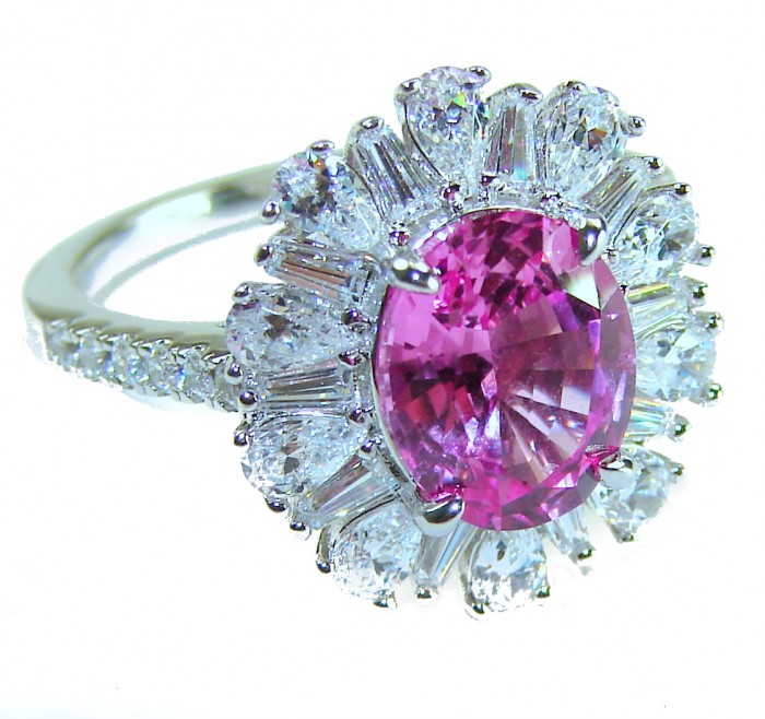 Blooming Beauty 5.8 carat oval cut Pink Sapphire .925 Silver handcrafted Cocktail Ring s. 7 1/4