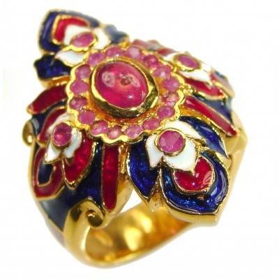 Magnificent 6.8 carat Natural Ruby Enemel 18K Gold over . 925 Sterling Silver handcrafted Statement Ring size 7