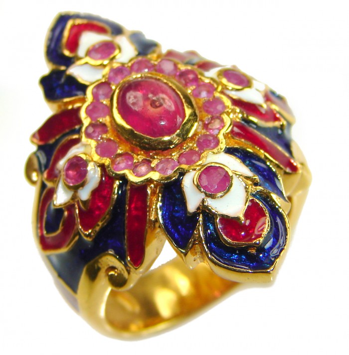 Magnificent 6.8 carat Natural Ruby Enemel 18K Gold over . 925 Sterling Silver handcrafted Statement Ring size 7