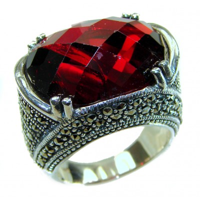 Bella Rosa Natural 28.4 carat Ruby Marcasite .925 Sterling Silver handmade Large Statement Ring size 7