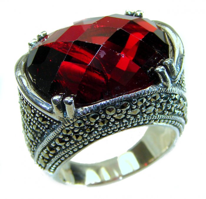 Bella Rosa Natural 28.4 carat Ruby Marcasite .925 Sterling Silver handmade Large Statement Ring size 7 - video