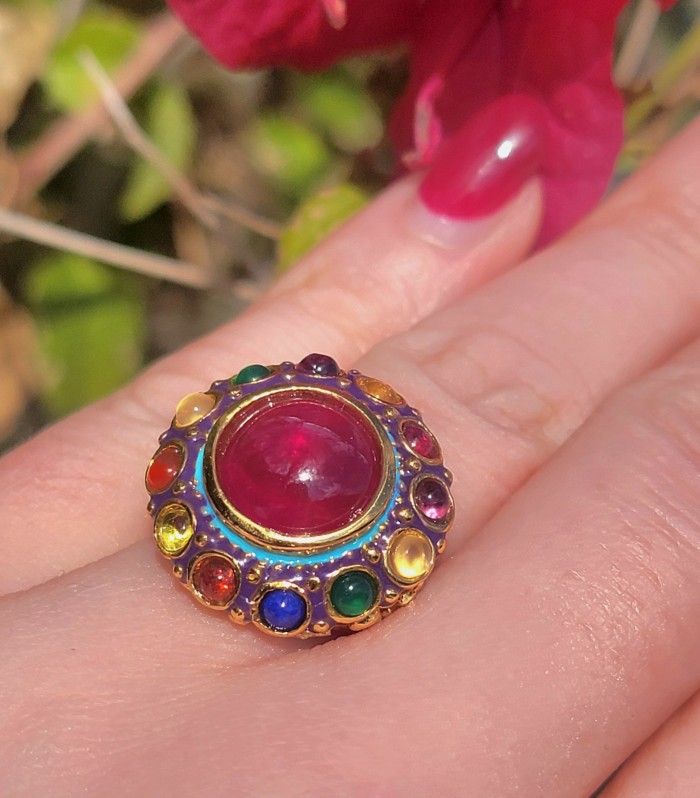 Nirvana Genuine 10.5 CARAT Ruby enamel 24K Gold over .925 Sterling Silver Large Statement Ring size 7