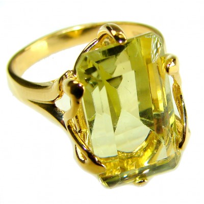 Solid 14.8 carat Genuine Lemon Quartz 14K Gold over .925 Sterling Silver handcrafted ring size 7 1/4