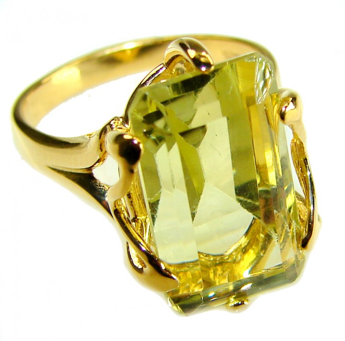 Solid 14.8 carat Genuine Lemon Quartz 14K Gold over .925 Sterling Silver handcrafted ring size 7 1/4