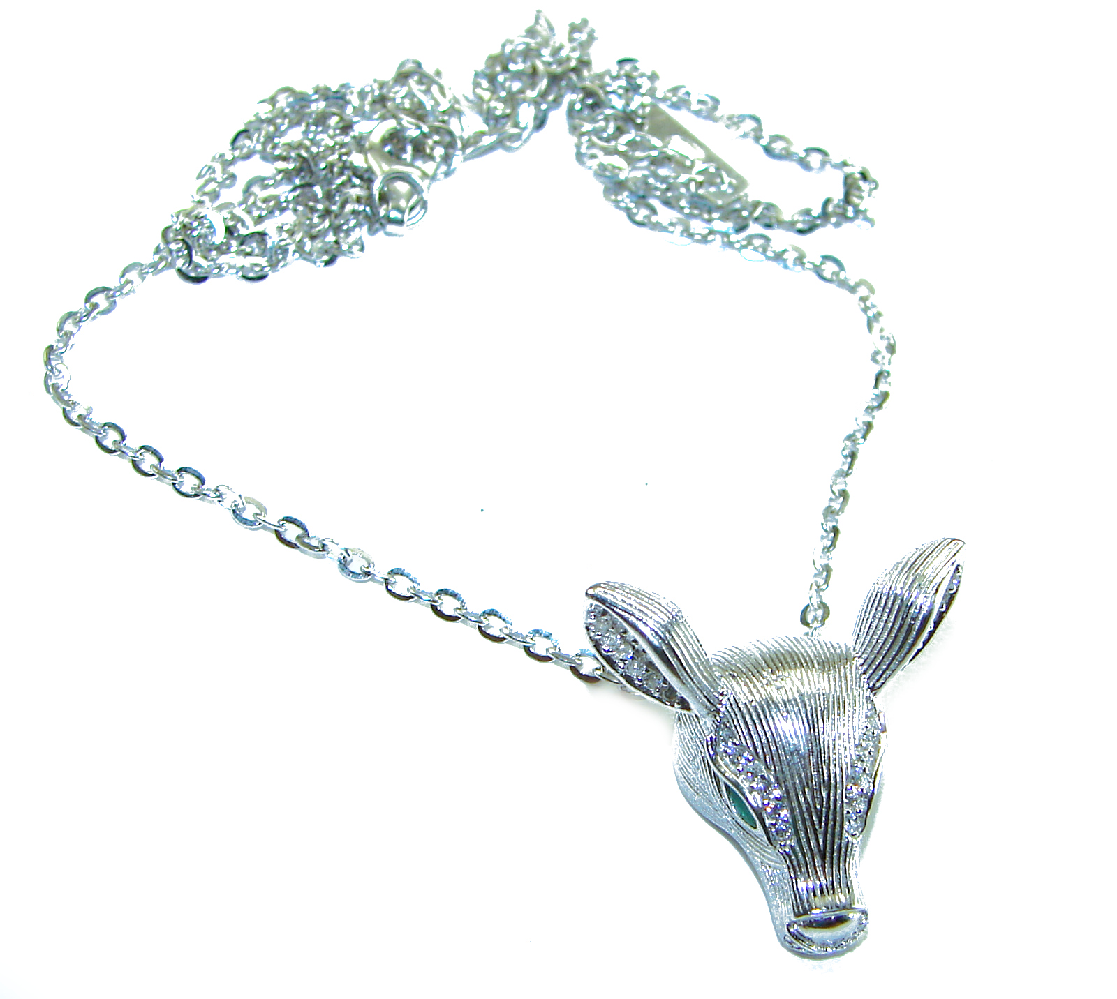 925 Sterling Silver Emerald Necklace Handcrafted Deer Head Green Gemstone 8.9g