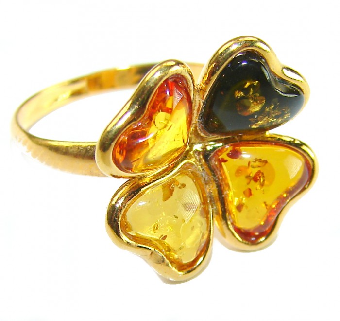 Beauty of the Nature Baltic Amber .925 Sterling Silver dipped in real Gold handcrafted HUGE ring; s. 7 adjustable