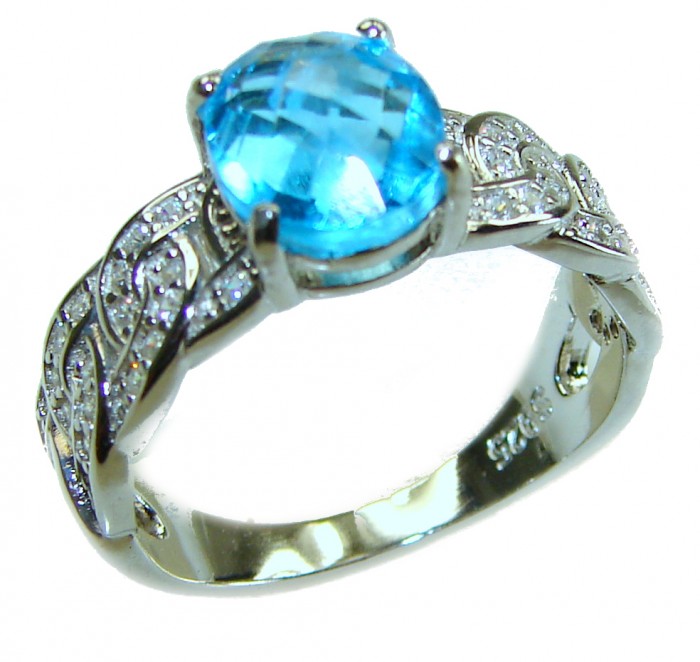Blue Odyssey 4.5 carat authentic Swiss Blue Topaz .925 Sterling Silver handmade Statement Ring size 9