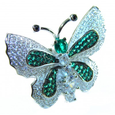 Precious Butterfly Genuine 10.5 carat Emerald .925 Sterling Silver handmade Statement Ring size 6 1/4