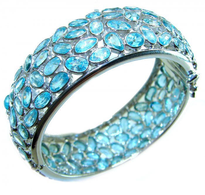 Blue Odyssey- One of the kind - 165.2 carat Swiss Blue Topaz .925 Sterling Silver handmade bangle Bracelet - video
