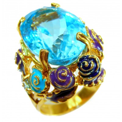 Blue Garden Natural 32.4 carat Swiss Blue Topaz .925 Sterling Silver dipped in 18K Gold handmade Large Statement Ring size 7 1/2