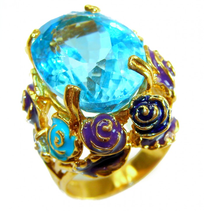Blue Garden Natural 32.4 carat Swiss Blue Topaz .925 Sterling Silver dipped in 18K Gold handmade Large Statement Ring size 7 1/2